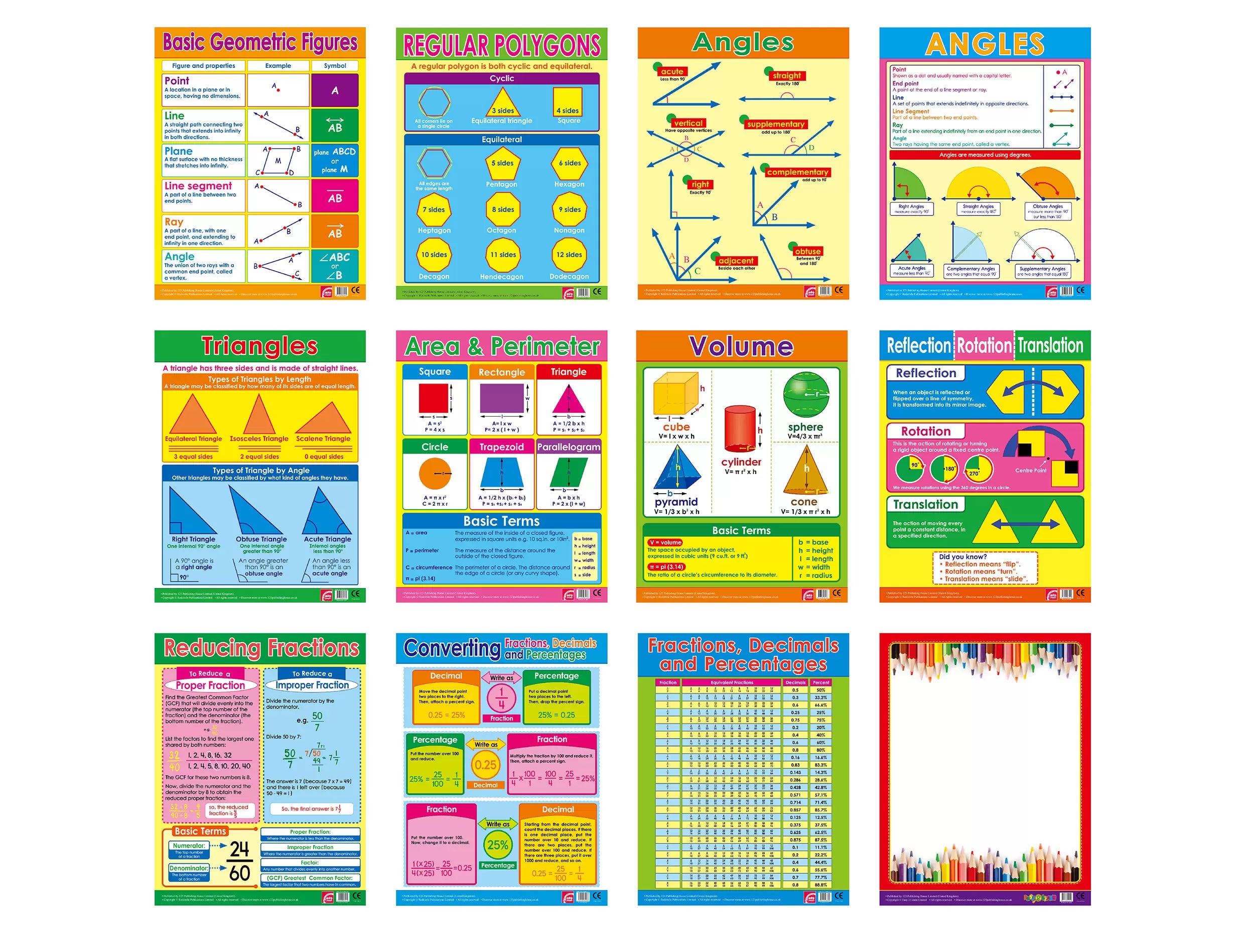 الهندسة والكسور والكسور العشرية والنسبة المئوية (12 مخططًا حائطيًا) - حزمة مخططات حائطية تعليمية باللغة الإنجليزية