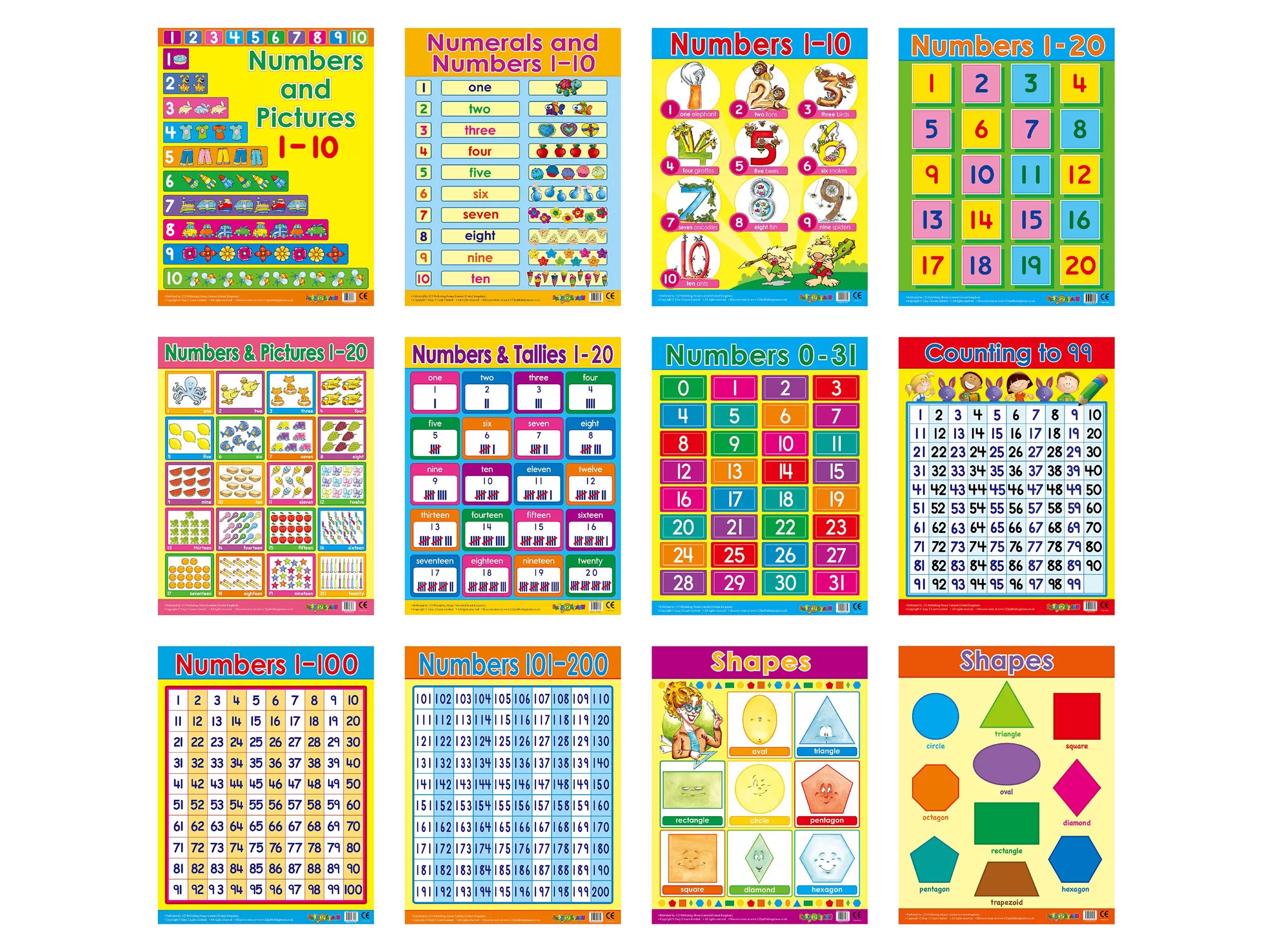 الأعداد والأشكال (12 لوحة تعليمية) - مجموعة لوحات تعليمية باللغة الإنجليزية