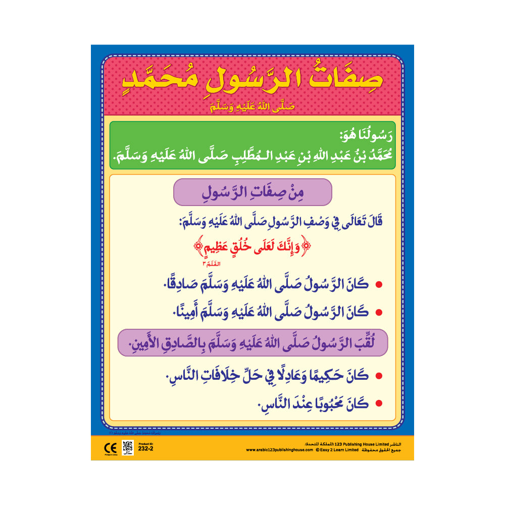 صفات الرسول محمد (ص) - لوحة تعليمية باللغة العربية